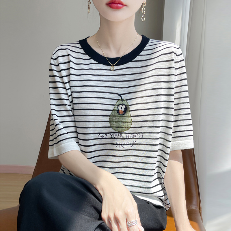 夏季新款凉感竹节麻圆领短袖T恤女薄款宽松显瘦洋气半袖条纹上衣