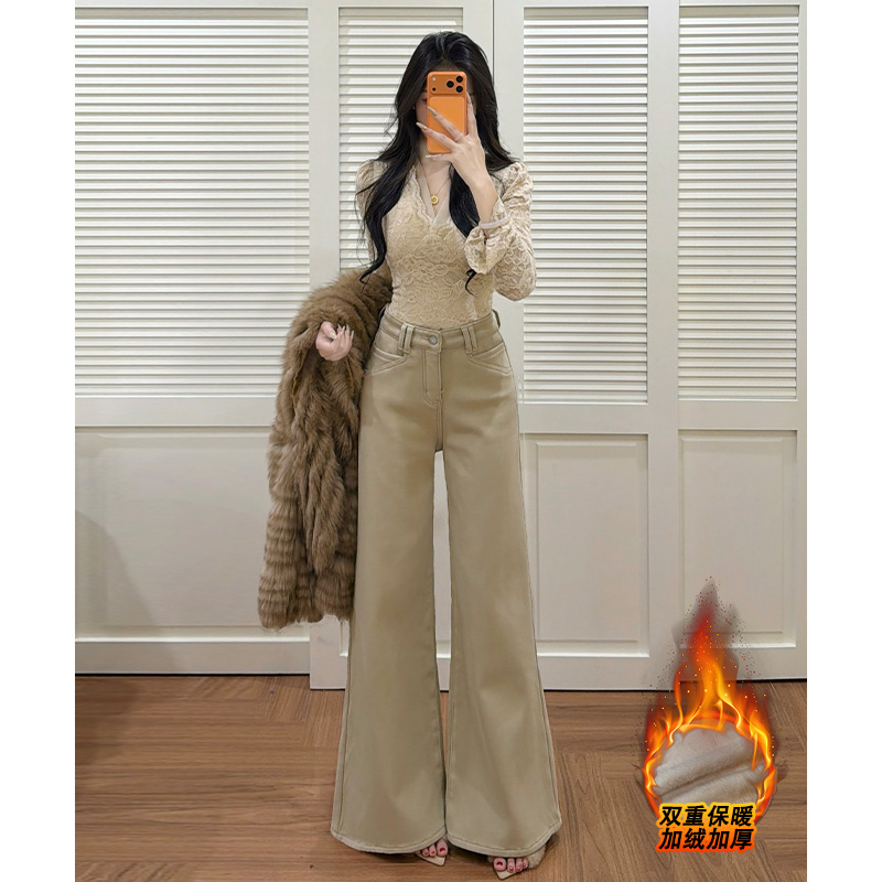 乔栈加绒加厚卡其色阔腿牛仔裤女秋冬爆款高腰宽松小个子百搭长裤
