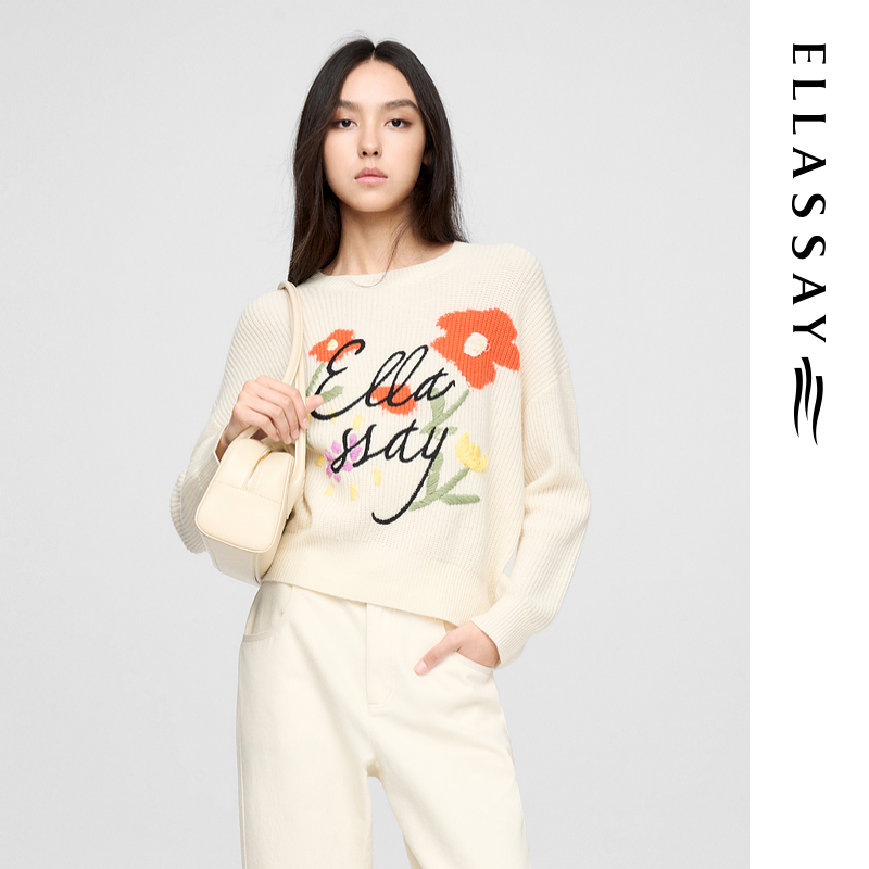 ELLASSAY歌力思早春新款花朵刺绣温柔慵懒针织衫女EWW361M01700