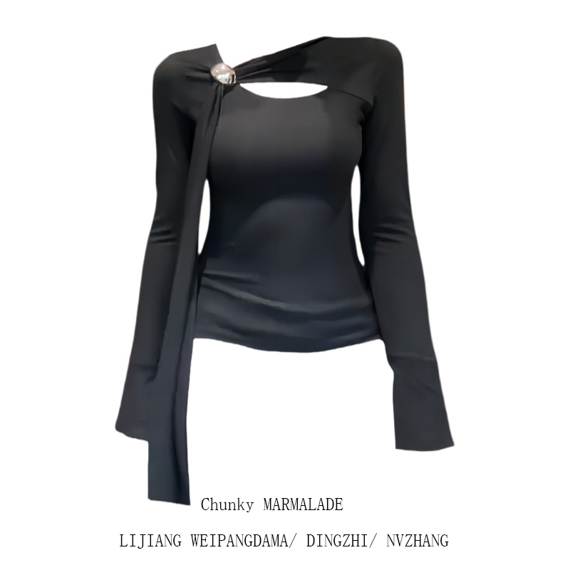 大码辣妹斜肩不规则飘带长袖T恤女秋季新款修身显瘦小众百搭上衣