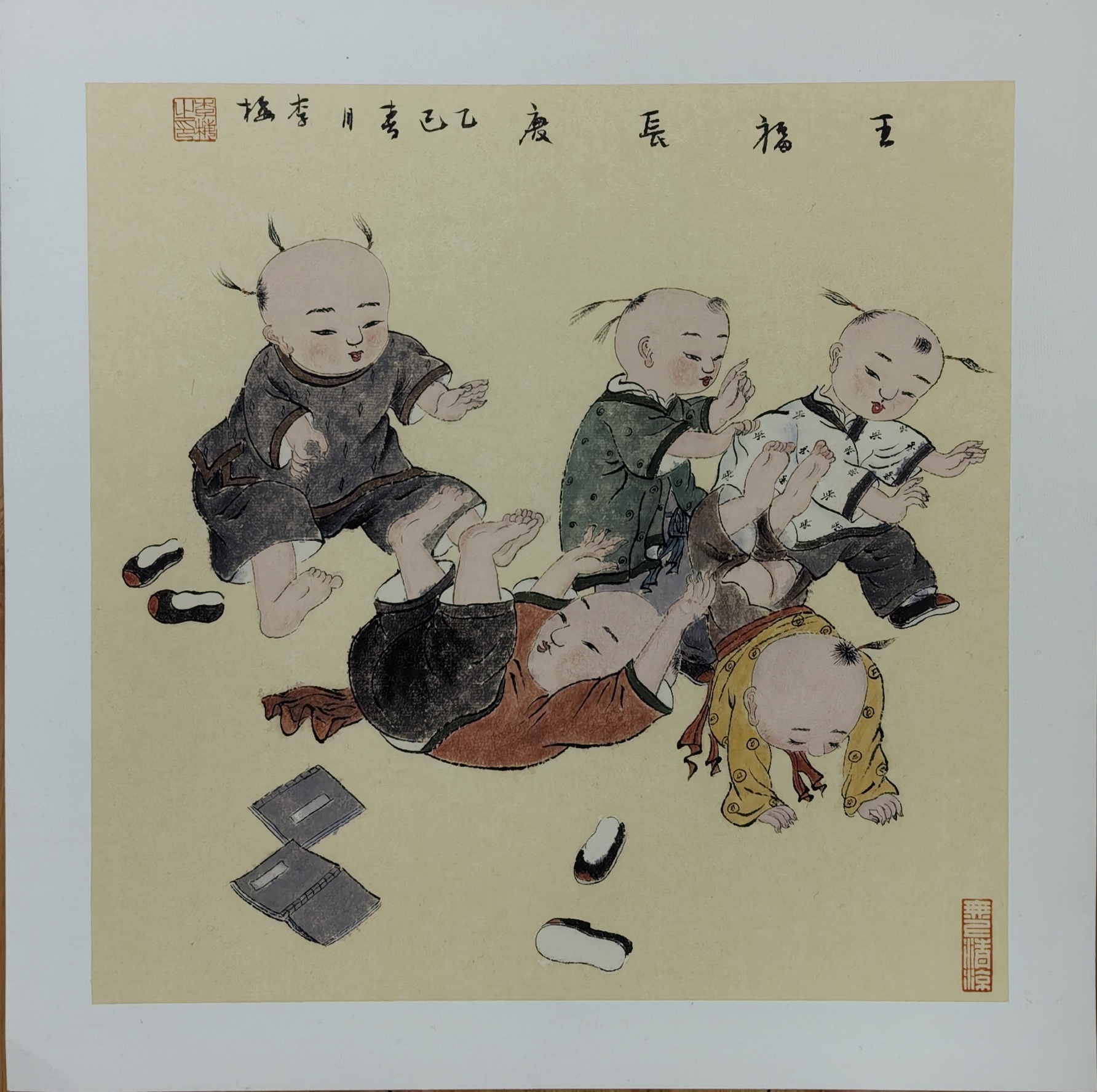 工笔画百子图系列38X38cm镜片卡纸