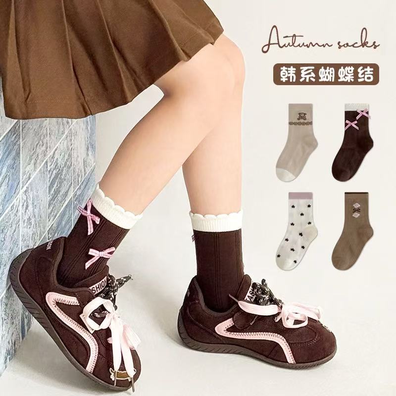 儿童袜子秋冬韩系女童中筒棉袜女宝宝春秋花边公主蝴蝶结无骨棉袜