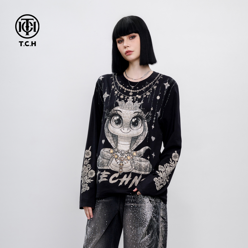 TCH服饰店播-潮牌时尚膀皇冠蛇时尚潮流长袖T恤T75A086003