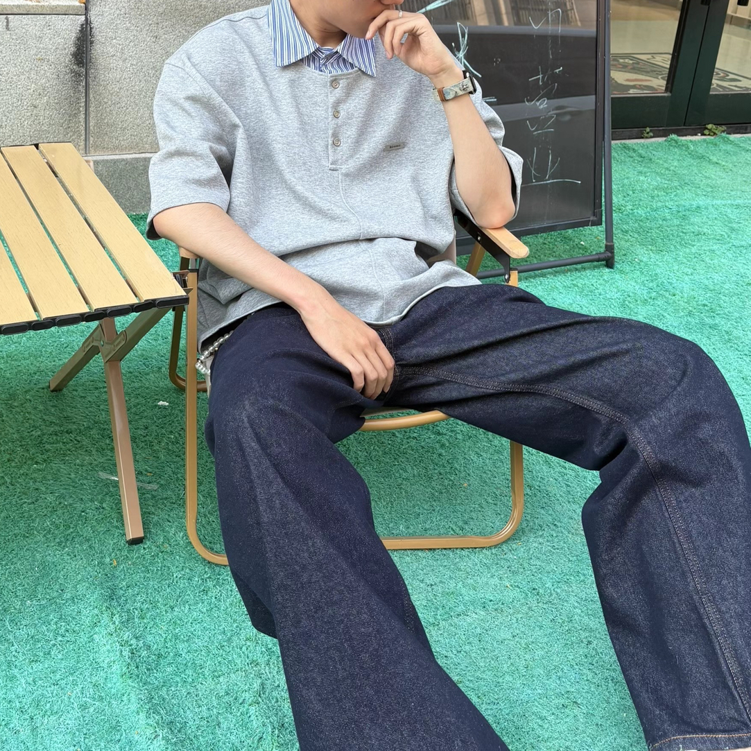 美式复古牛仔裤深蓝裤子男微喇直筒宽松原色阔腿大码藏青