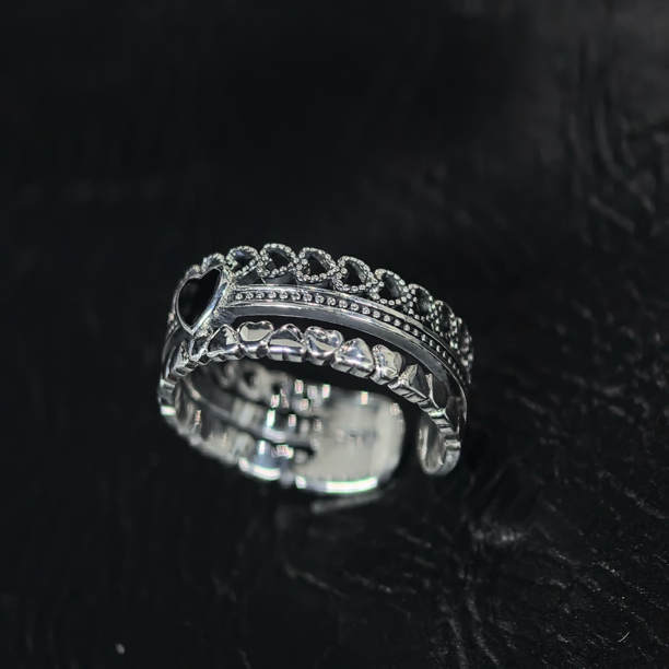 925银戒指 复古做旧三层开口做旧小众设计高级-黑色爱心戒指1084