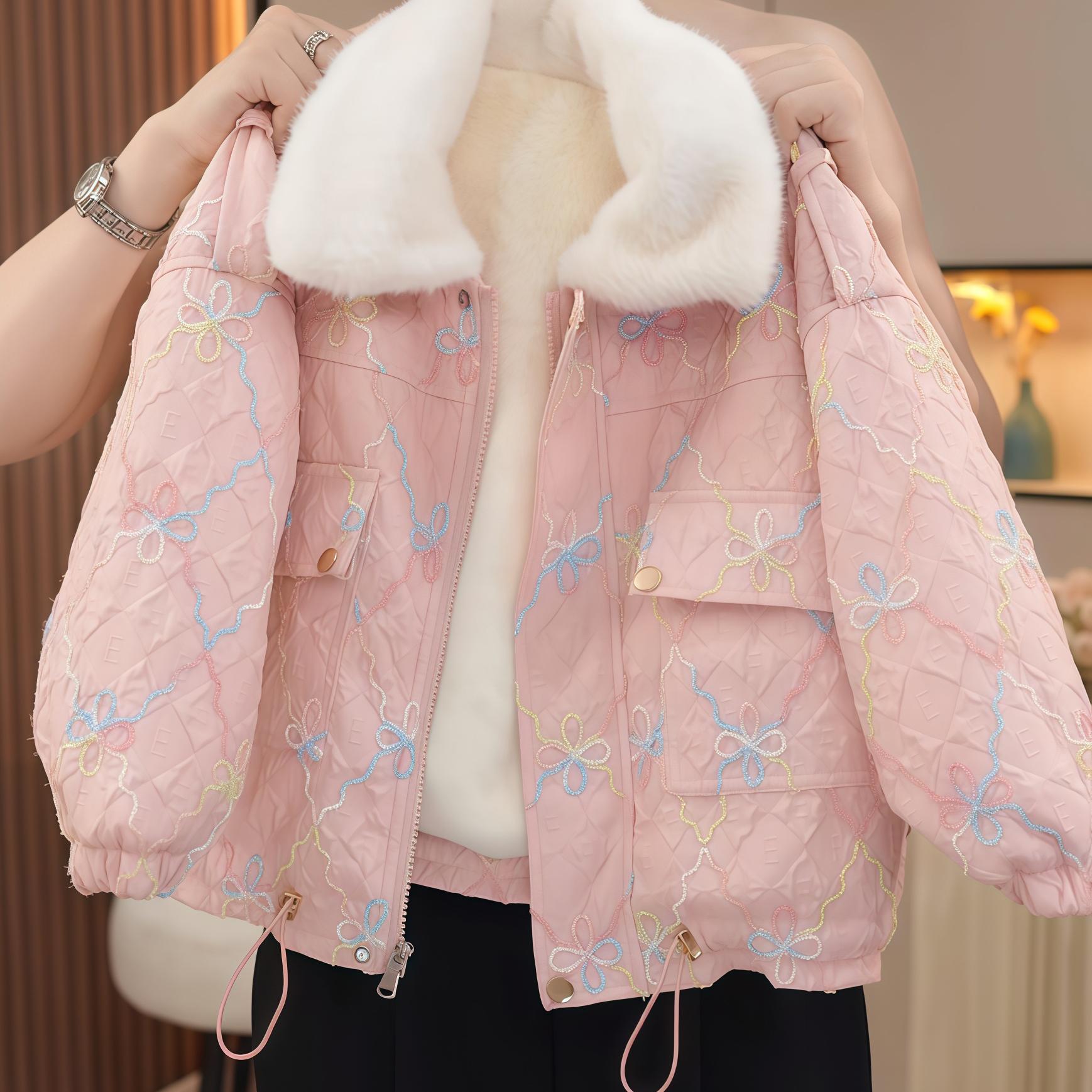 女童加绒外套秋冬款2025新款儿童加厚毛领工装彩绘派克服保暖棉服