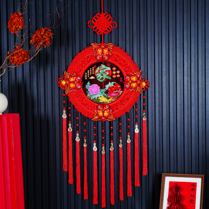 【中国红圆形朱砂款莲年有余中国结】故宫红民族风挂件客厅电视墙