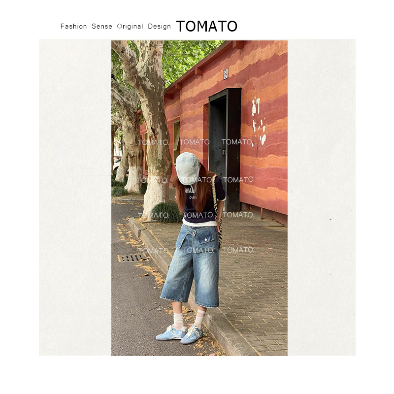 【TomaTo】岚芷 夏季韩版屁帘做旧设计感休闲七分牛仔裤C25K051303