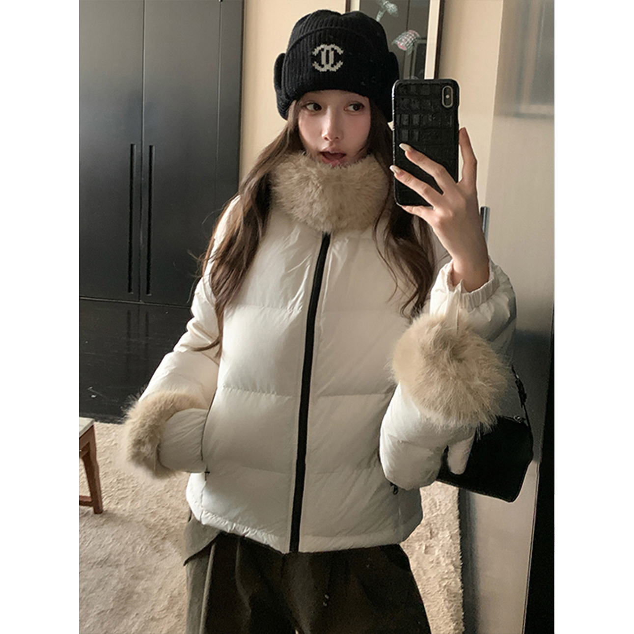 奶油泡芙白色短款毛领棉服外套女冬季高级感宽松休闲加厚保暖棉衣