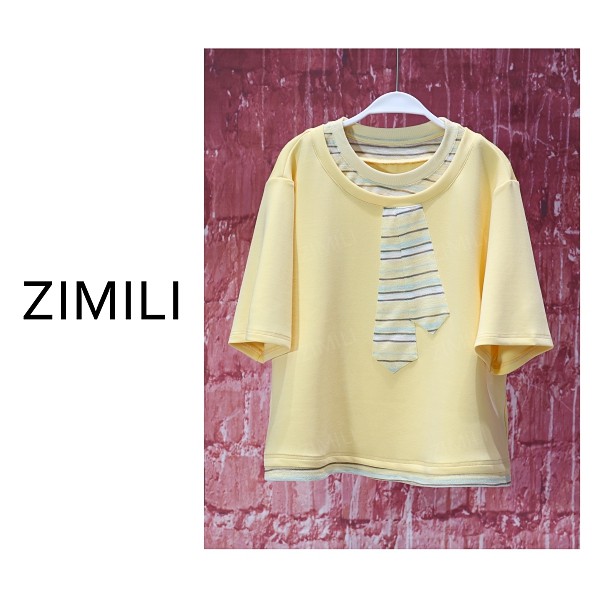 【亮哥女装】2025夏季轻薄透气鹅黄色条纹拼接贴布绣休闲T恤9319