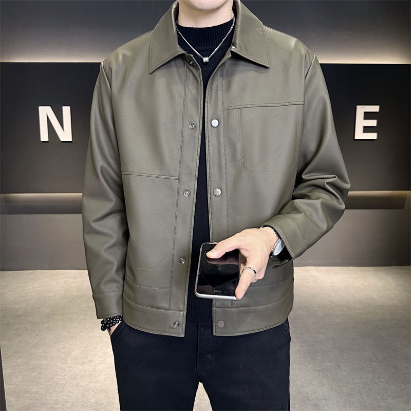 YILU超软超舒适秋冬季纯色翻领软皮衣外套男长袖商务休闲夹克上衣