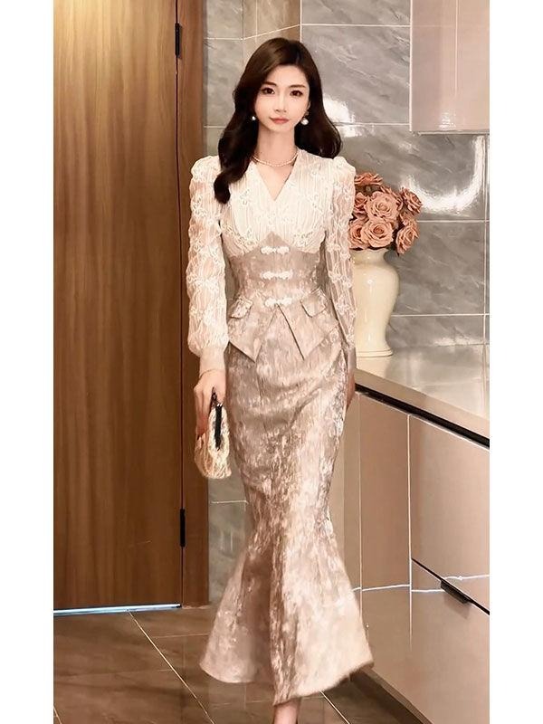 高级感拼接衬衫上衣复古鱼尾半身裙两件套G07