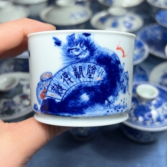 杯如**水手绘青花钟馗容天杯