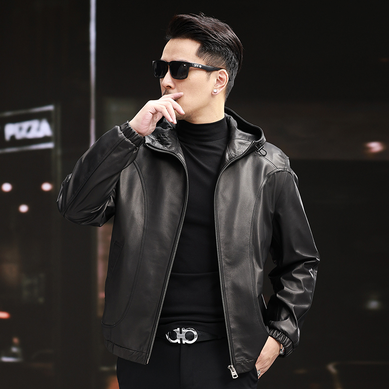 VBA 2830 单装头层牛皮连帽海宁真皮外套男春秋短款皮夹克外套