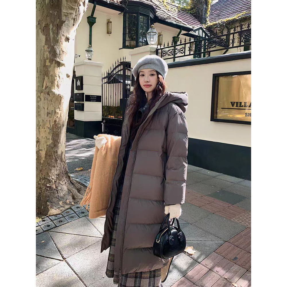 中长款过膝宽松韩版连帽女百搭厚款长款长袖羽绒服90白鸭绒