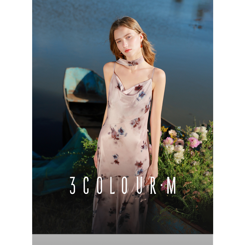 【芋总专属】三彩2025春季新款绒感印花连衣裙无袖吊带裙荡领dbc