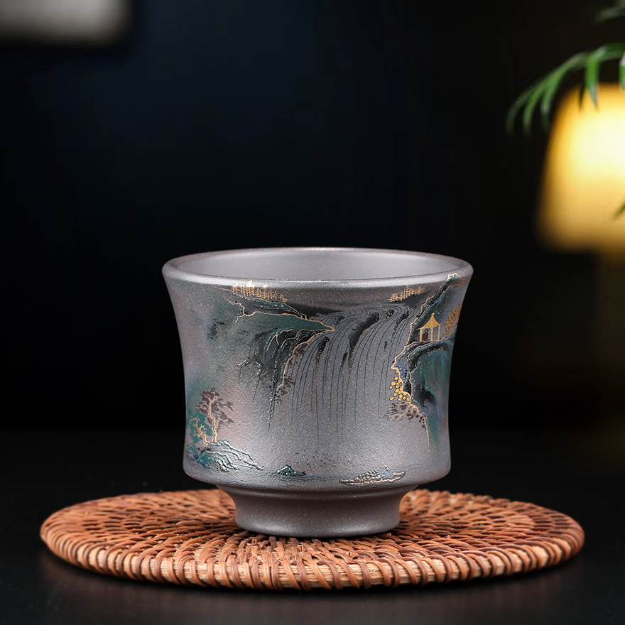 宜兴原矿紫砂主人杯天青泥珐琅彩山水单杯