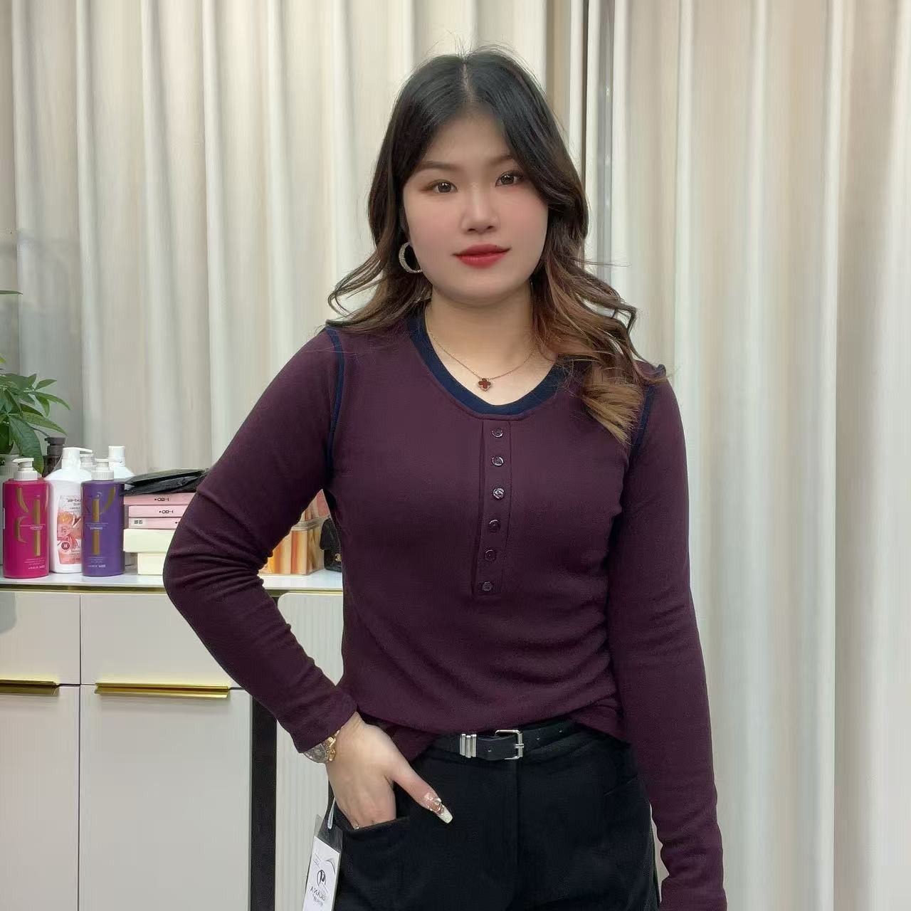 小鑫肝@现货浮力圆领插肩袖撞色带扣时尚百搭T恤 6385