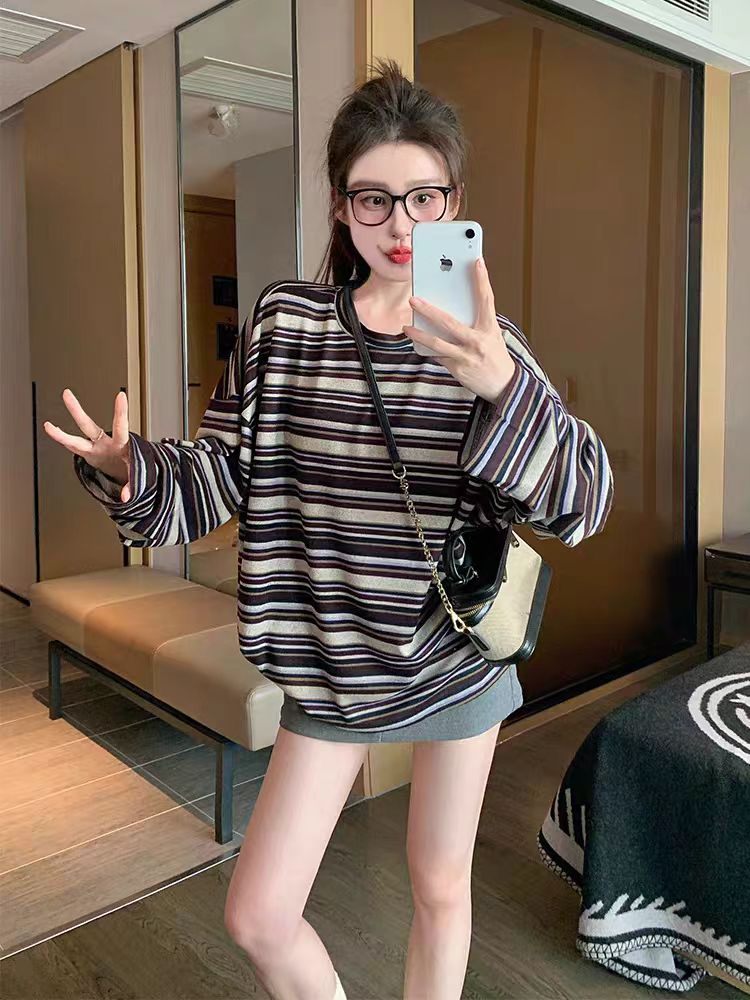 撞色条纹长袖t恤女2025新款秋季美式复古宽松休闲百搭打底衫上衣