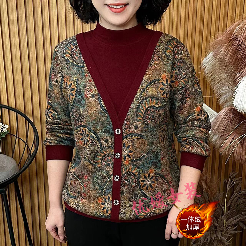 中老年女装冬季加绒保暖圆领假两件印花显瘦洋气妈妈装长袖上衣