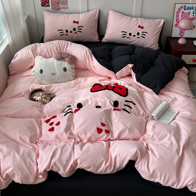 黑粉Kitty毛巾绣四件套单双人宿舍床上床单被罩非纯棉全棉三件套
