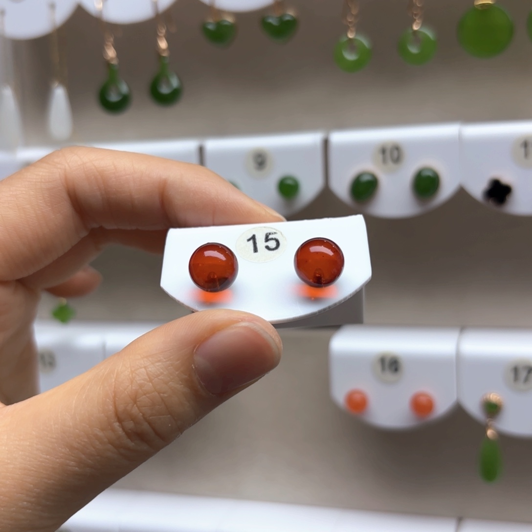 琥珀耳饰18K金镶嵌血珀