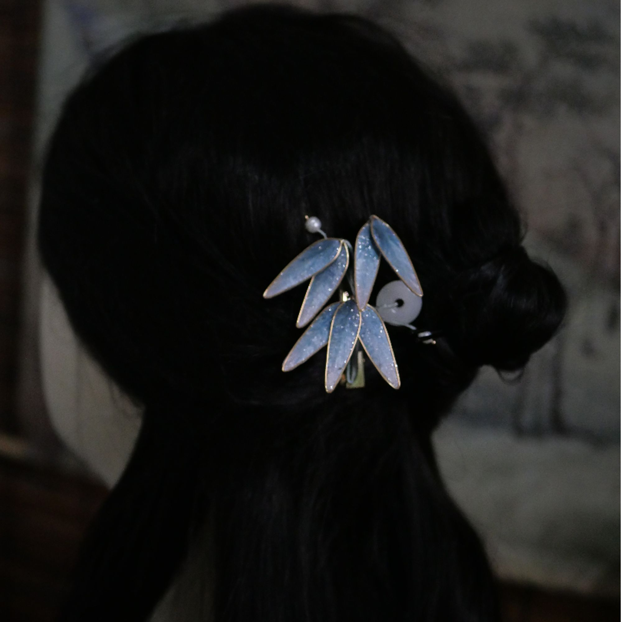 银霜-掐丝绒花竹叶发夹-手工气质蓝色复古国风古风简约古典