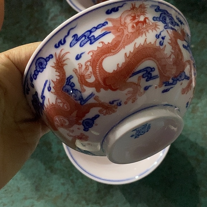 摆件陶5寸红稀土五龙碗