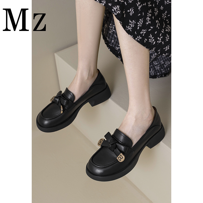 现货断码福利/蝴蝶结低跟乐福鞋女春季英伦风百搭厚底单鞋真皮