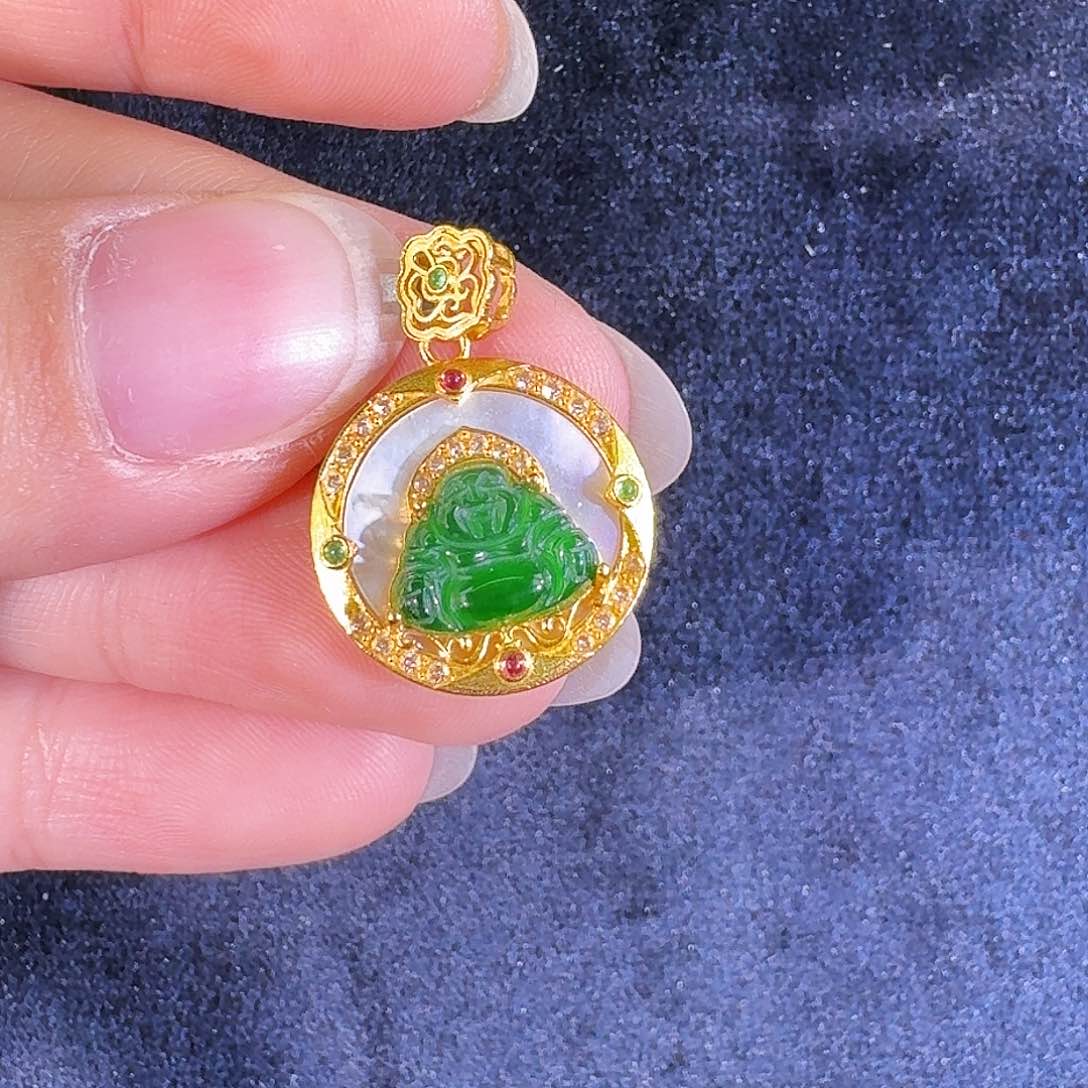 翡翠吊坠(不含链)银S925镶嵌佛公