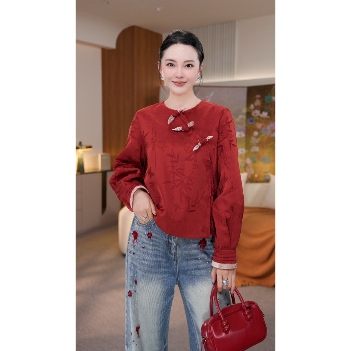 辰曦同款【红燃】早春款新中式人丝提花上衣