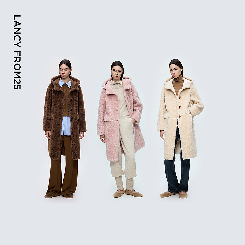 朗姿羊毛立领连帽高级感气质通勤毛绒外套优雅气质大衣2025年冬季