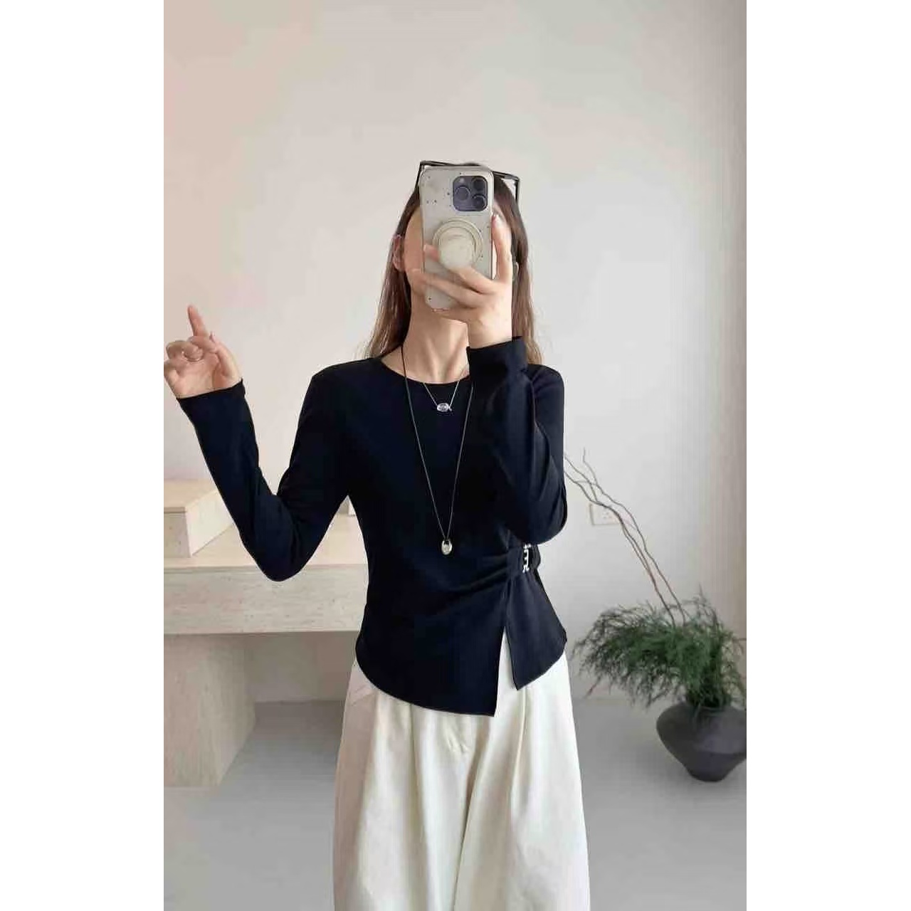 开叉显瘦弹力长袖上衣ZBS33757衣长56（卡码往小拍）