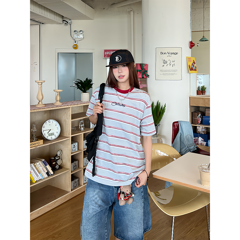 克林菲美式复古撞色条纹短袖t恤女男夏季宽松松弛感半袖情侣上衣