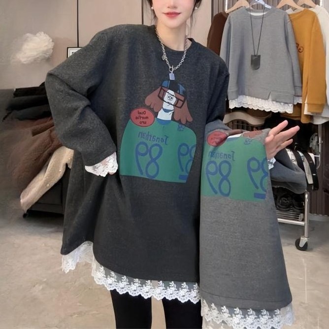 徳绒蕾丝拼接长袖T恤女2025春秋款磨毛宽松打底衫遮屁股内搭上衣