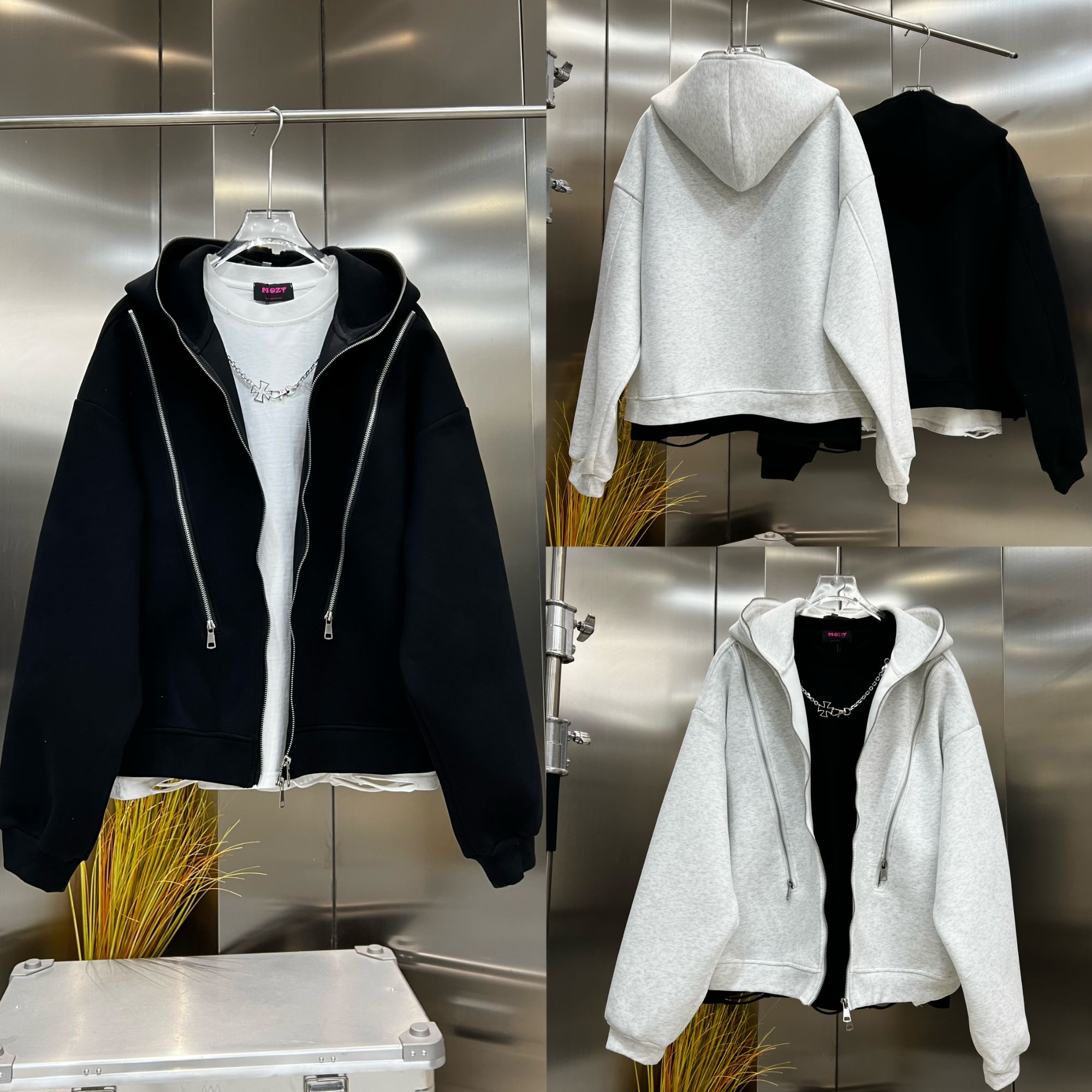 美式休闲情侣重磅结构连帽上衣oversize街头潮牌拉链夹克