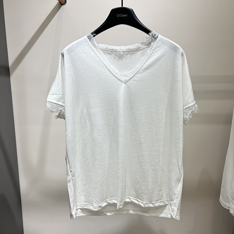 【西瓜自制】蕾丝边V领素简T恤