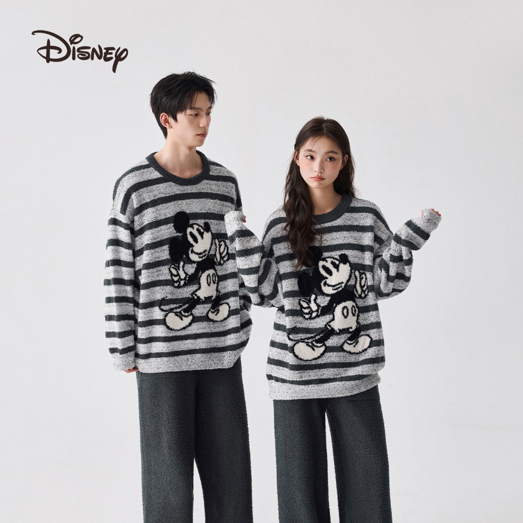 迪士尼米奇半边绒可外穿卡通条纹保暖情侣睡衣家居服套装冬