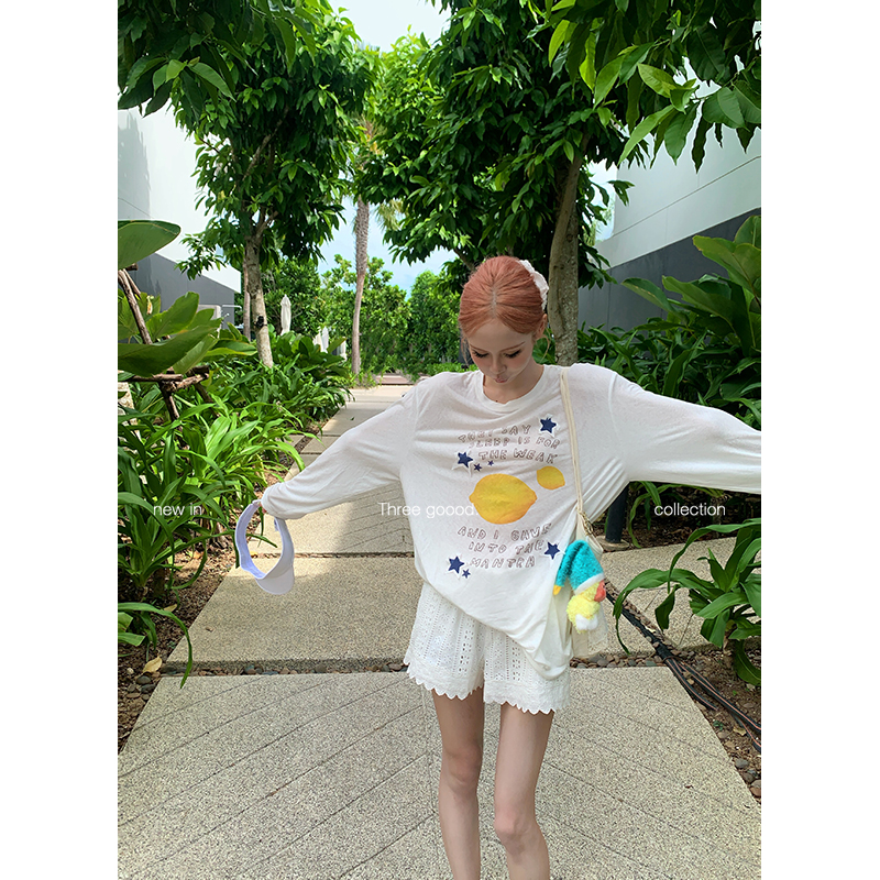 THREE GOOOD/三吉柠檬印花透透长袖T恤Y725Y10813