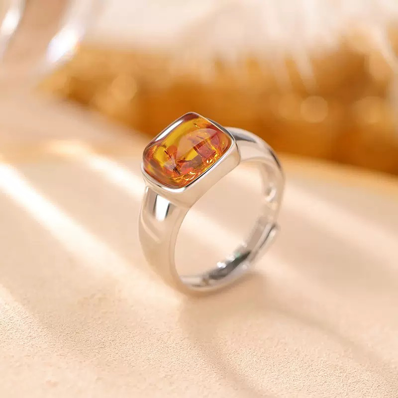 925银戒指 S925银珀珀复古轻奢简约时尚方形气质百搭开口指环