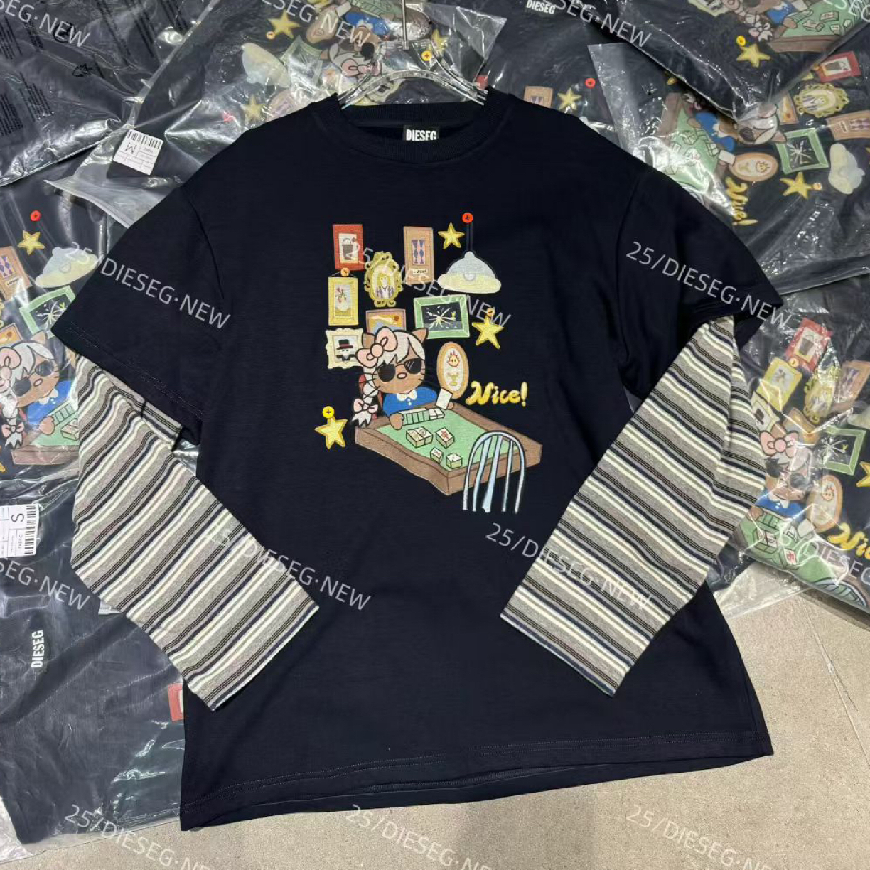 欧洲站南油DIESEG家2025冬季新款加厚磨毛拼接袖假两件打底T恤