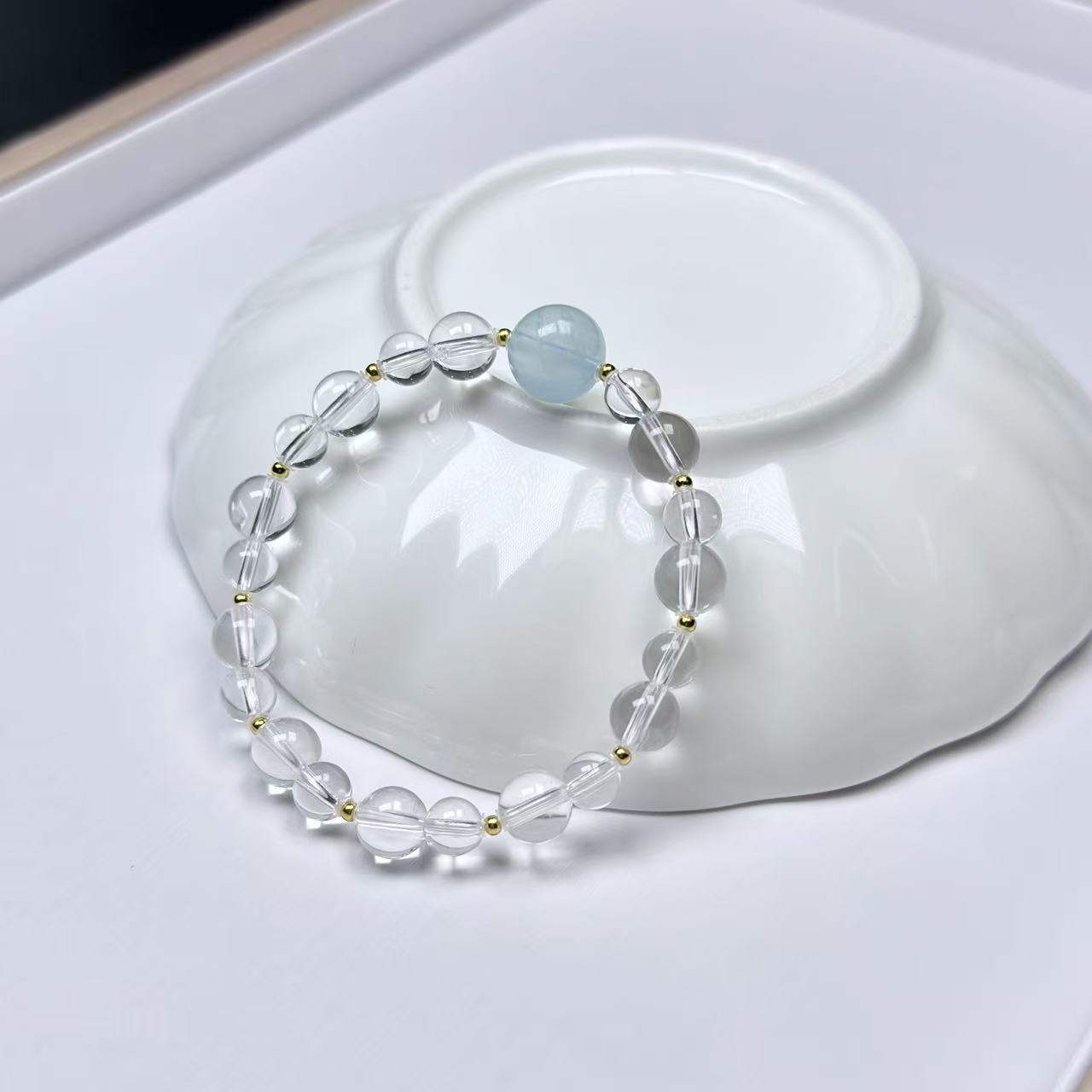 【静檀】S020白水晶+海蓝宝s925银手串（多样性发货）