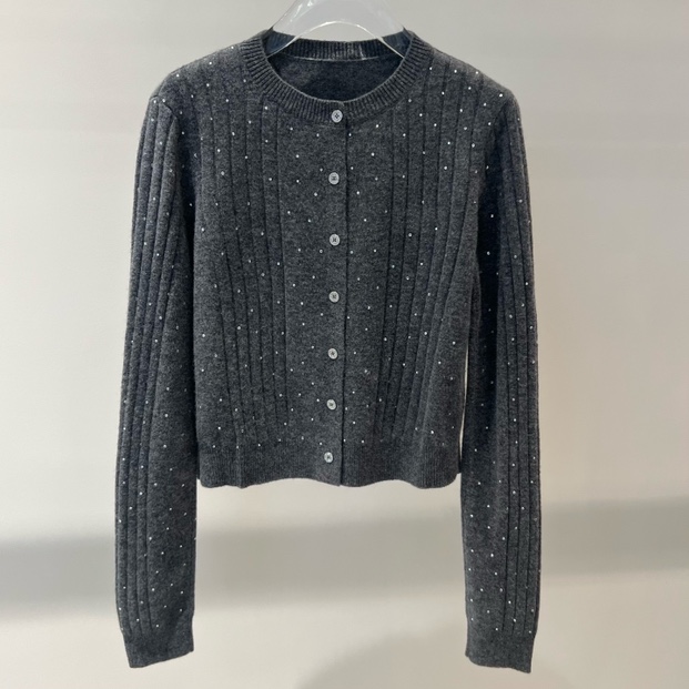 针织衫-135B181155艾家圆领短款圆领坑条亮闪闪开衫