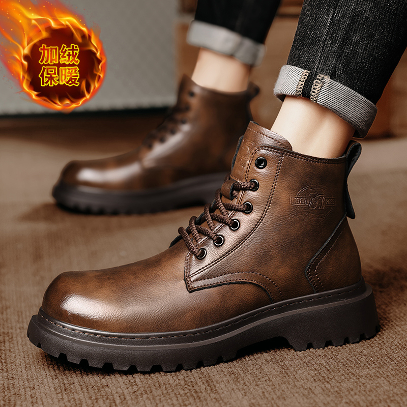 西部公羊秋冬男士马丁靴加绒休闲防滑复古英伦风户外厚底保暖男鞋