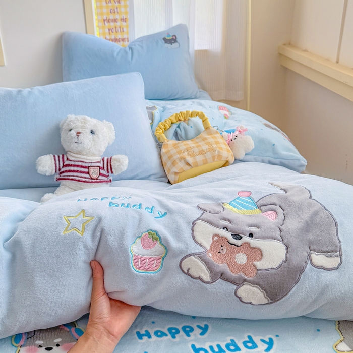 卡通贴布绣牛奶绒四件套可爱卡通牛奶绒刺绣四件套