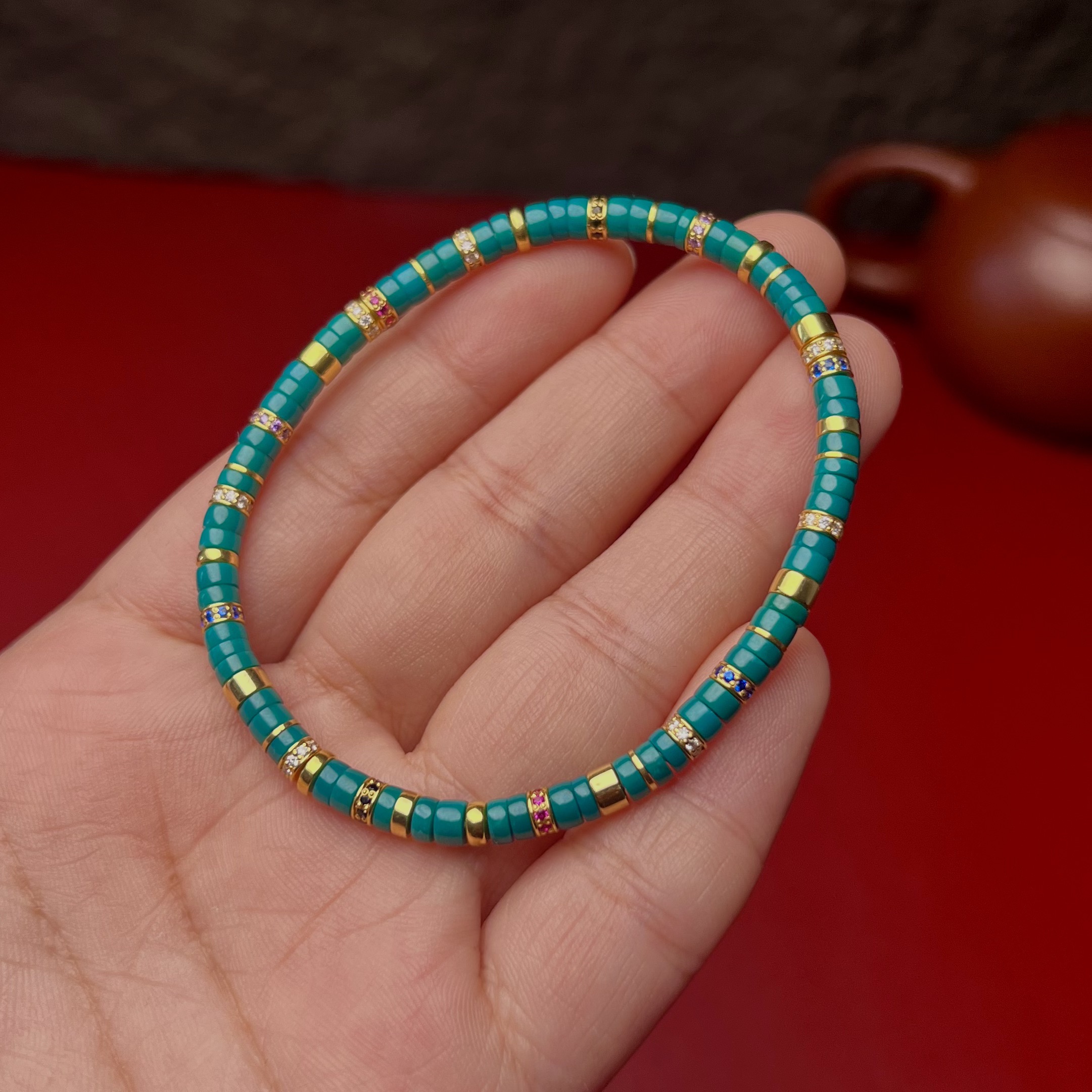 湖北天然原矿高瓷玉化绿松石金钻直切精工单圈手串男女款奢华时尚