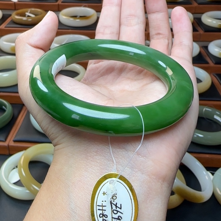和田玉未镶嵌手镯辣阳绿渐变54.6卡12胖圆条