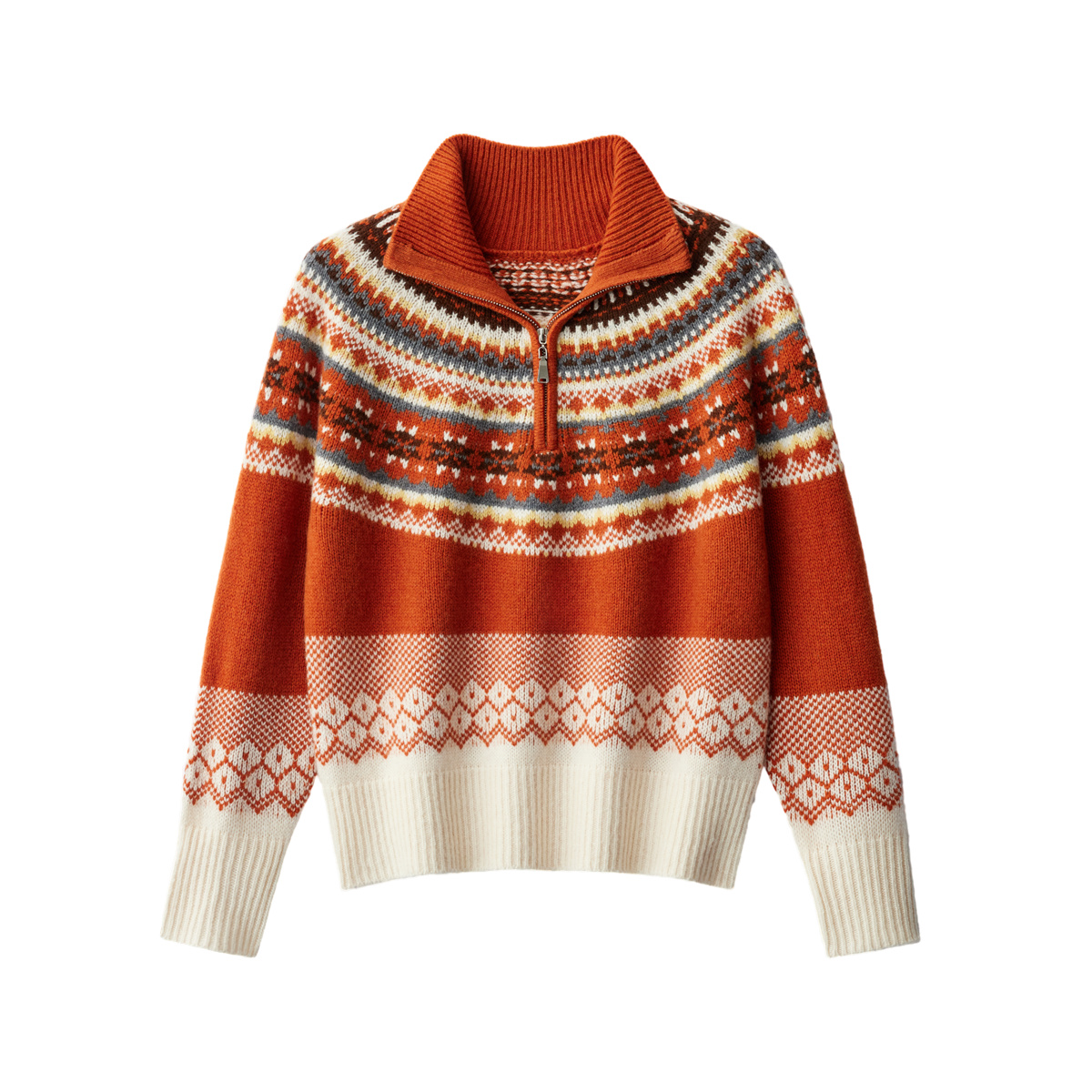 【100%绵羊毛】费尔岛复古半拉链毛衣北欧提花针织衫秋冬立领撞色