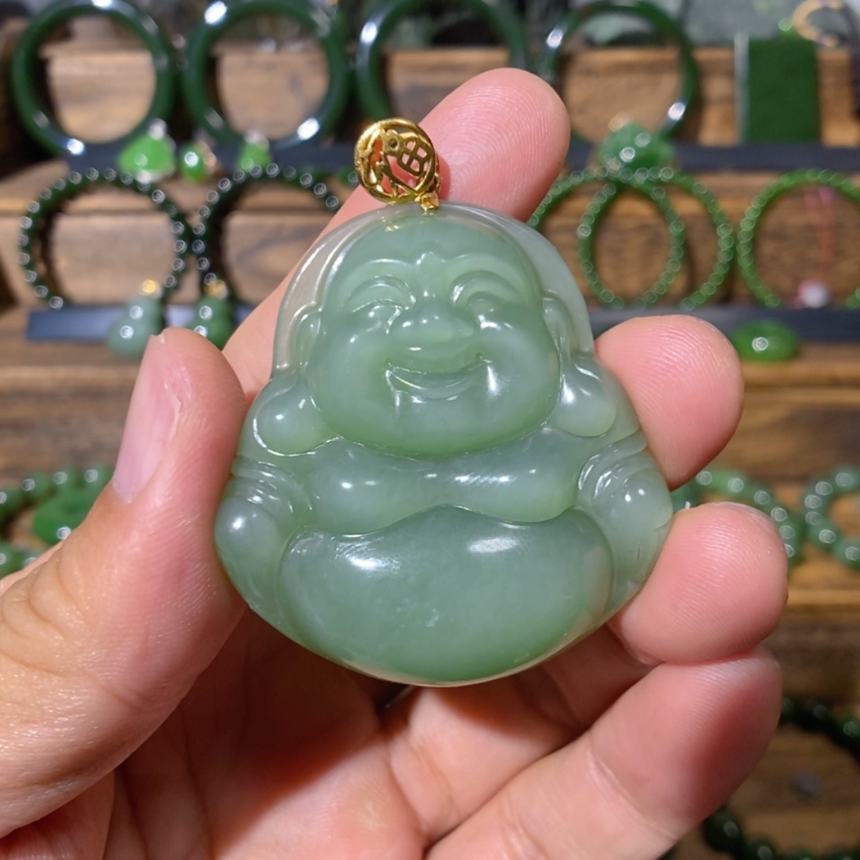 【闪购商品】吊坠(不含链)18K金镶嵌和田玉俄料粉青猫眼佛公 42/45