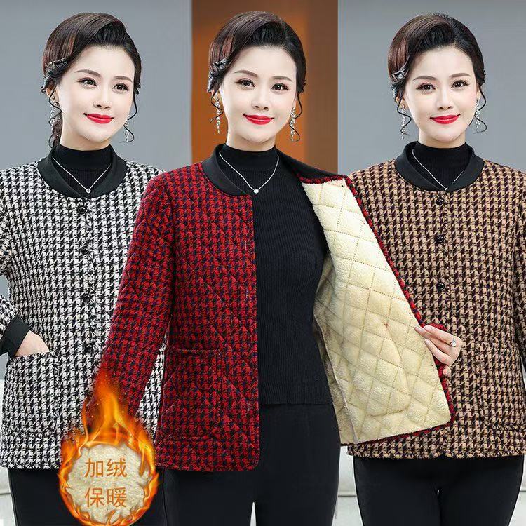 2025加绒加厚格子棒球服领口女装冬季小棉袄大码棉服